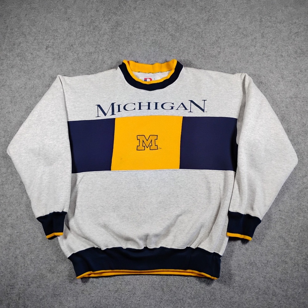 Vintage Michigan Wolverines Crewneck Sweatshirt Grey Yellow Blue Large Dodger
